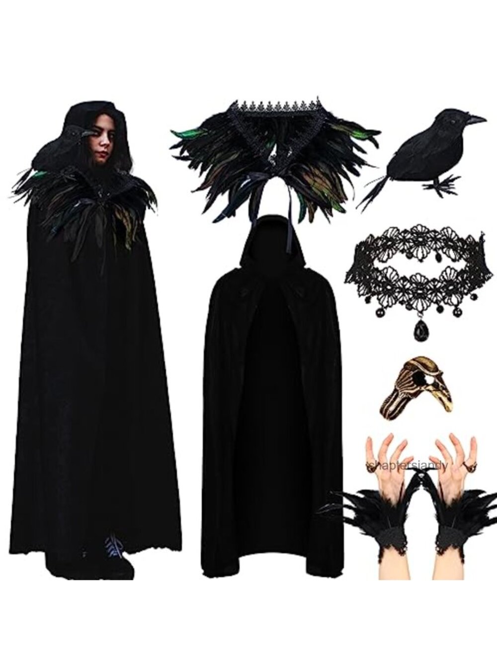 6 Pc Halloween Crow Costume Set Feather Cape Shrug Cuffs Necklace Ring